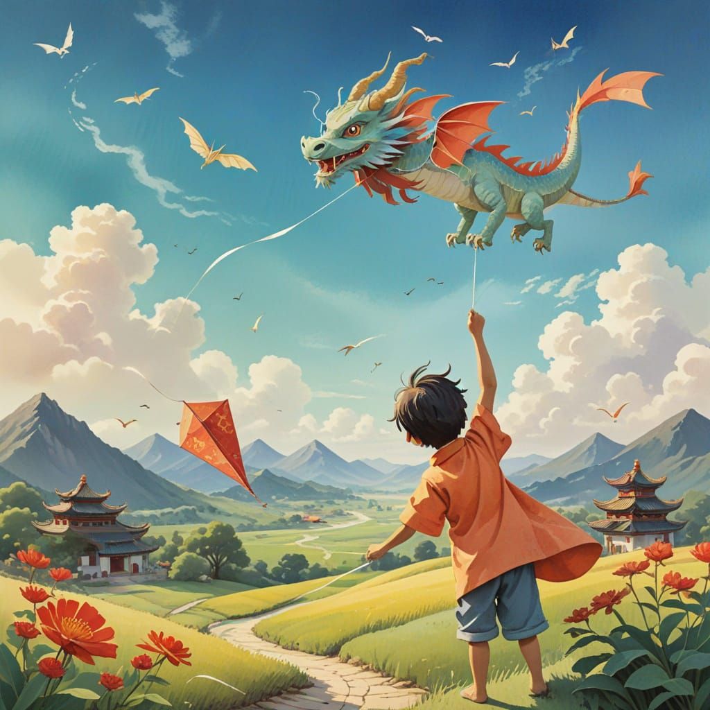 Child Flies Paper Kite with Dragon in Ghibli Style