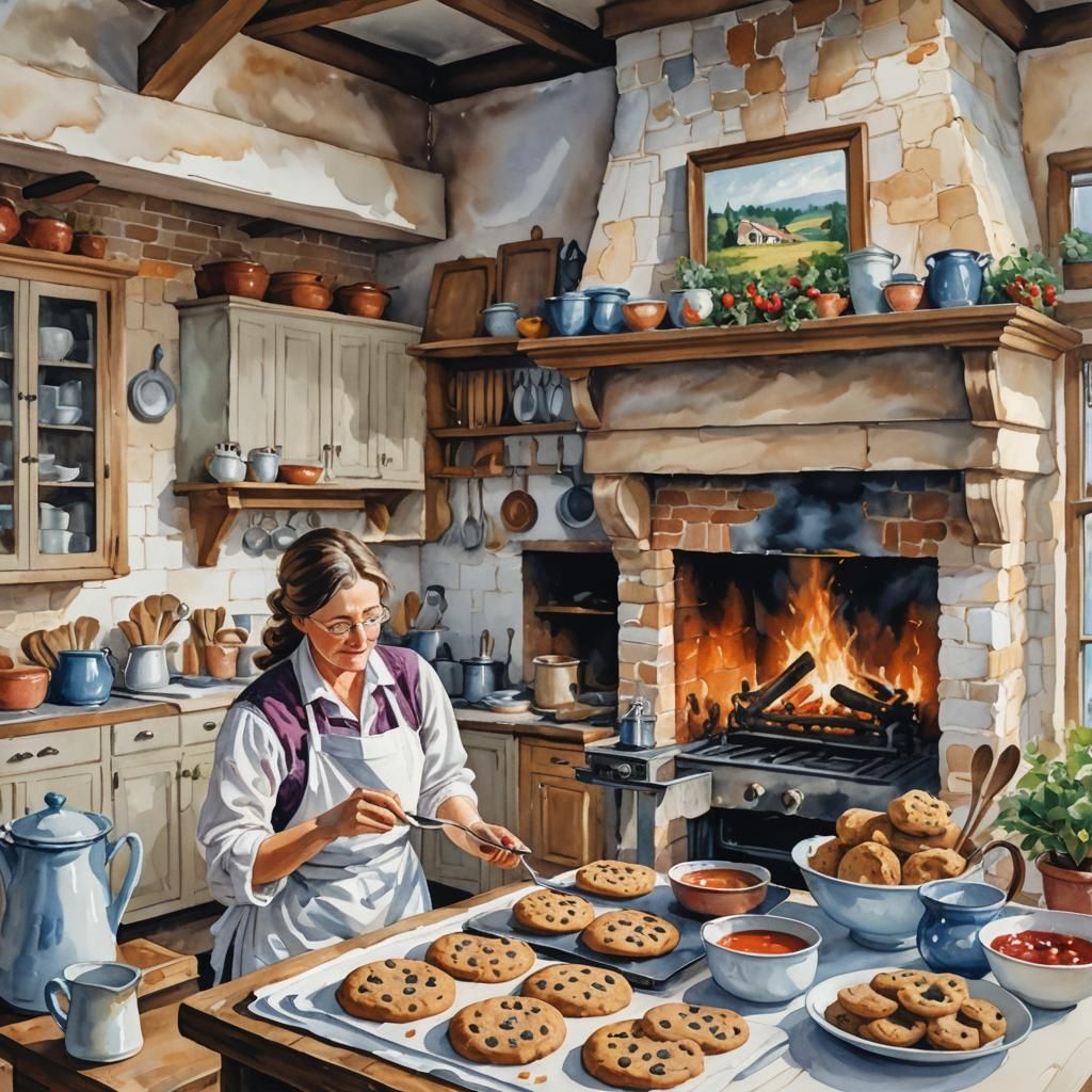 Impressionist Gouache: Woman Baking Cookies in Farmhouse