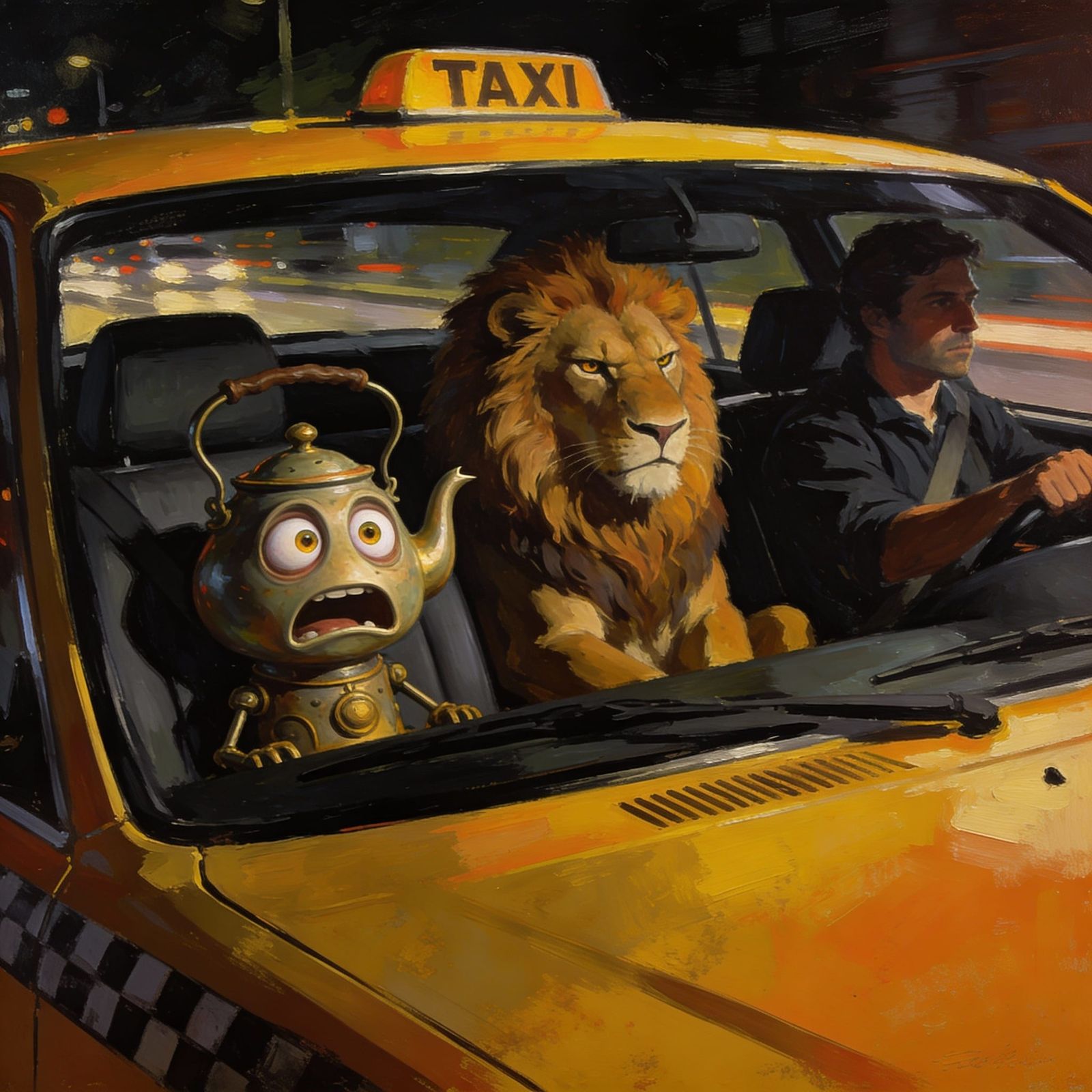 Panicked Teapot and Lion in Moody Taxi Interior