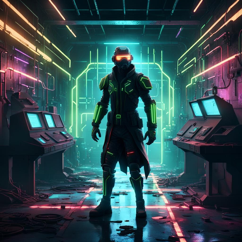 Gamma in Abandoned Lab: Neon Sci-Fi Digital Art