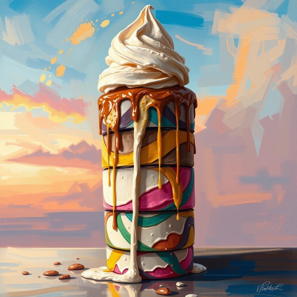 Melting Ice Cream Tower in Impressionistic Style