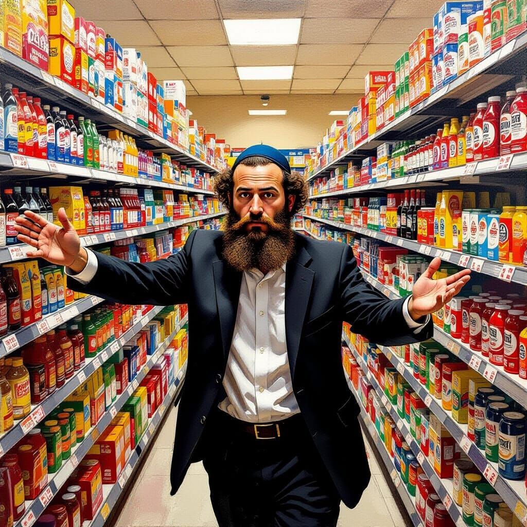 Determined Man Navigates Chaotic Supermarket in Vibrant Styl...
