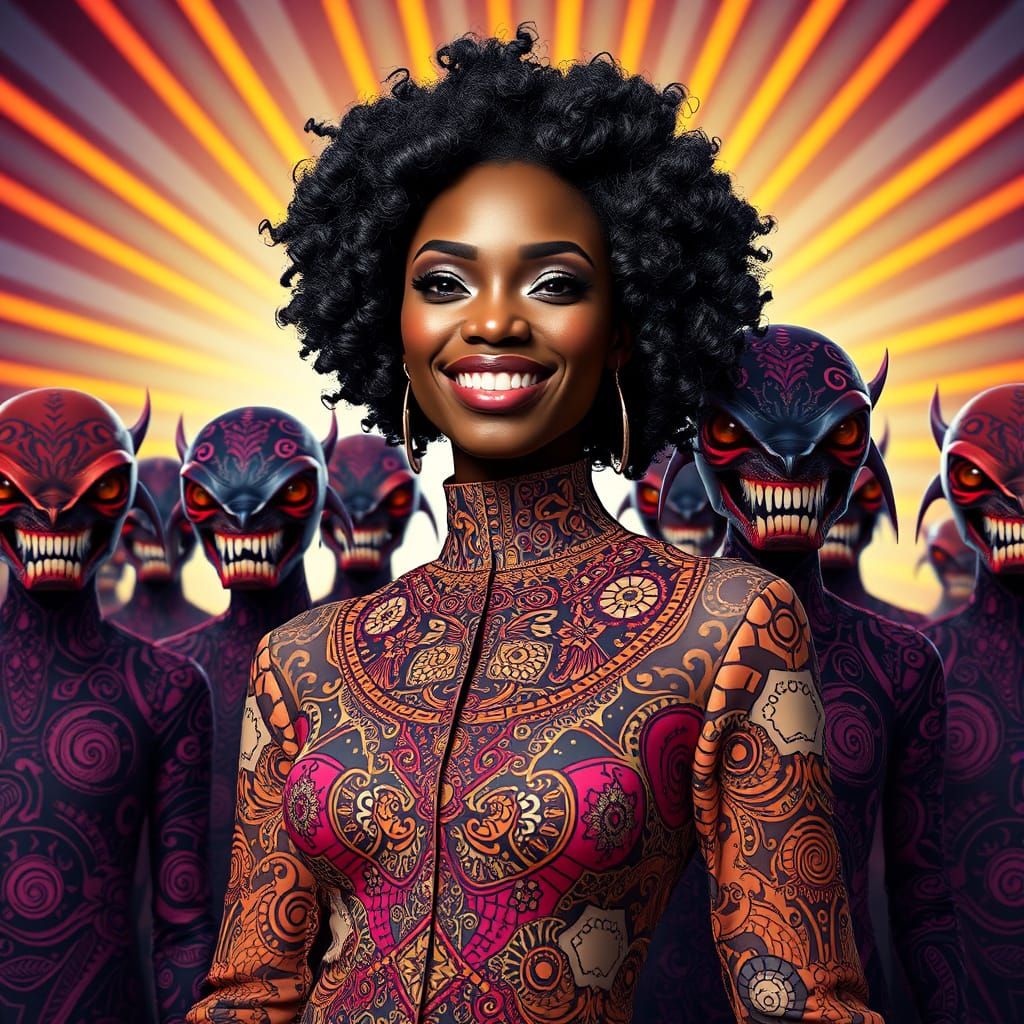 Smiling Woman in Optic Art Fashion, 3D Rendered