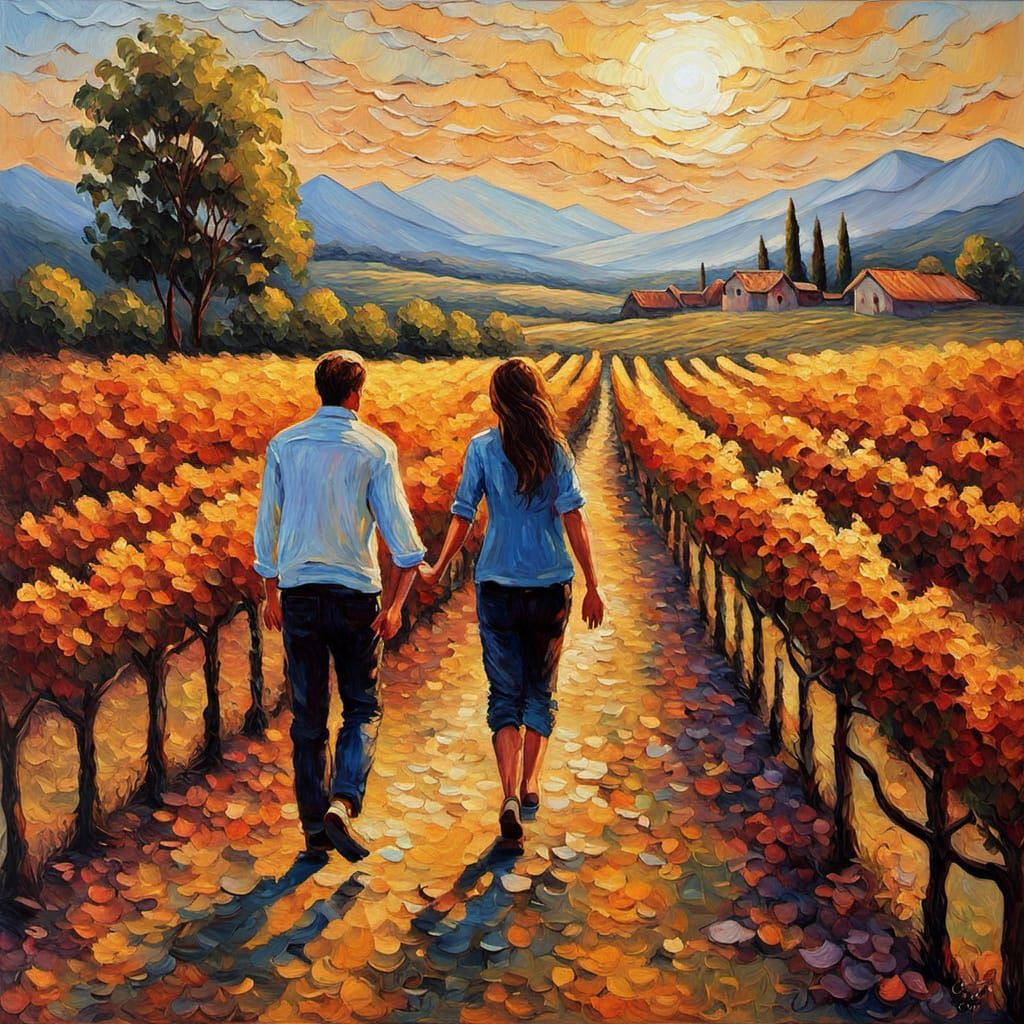 Timeless Vineyard Romance in Impasto Oil
