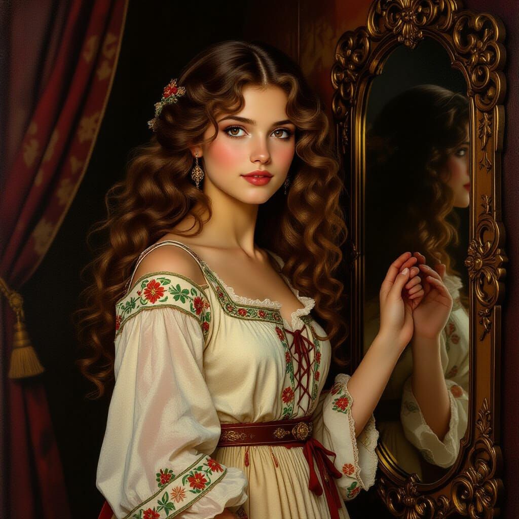 Medieval Woman in Ornate Mirror, Art Nouveau Style