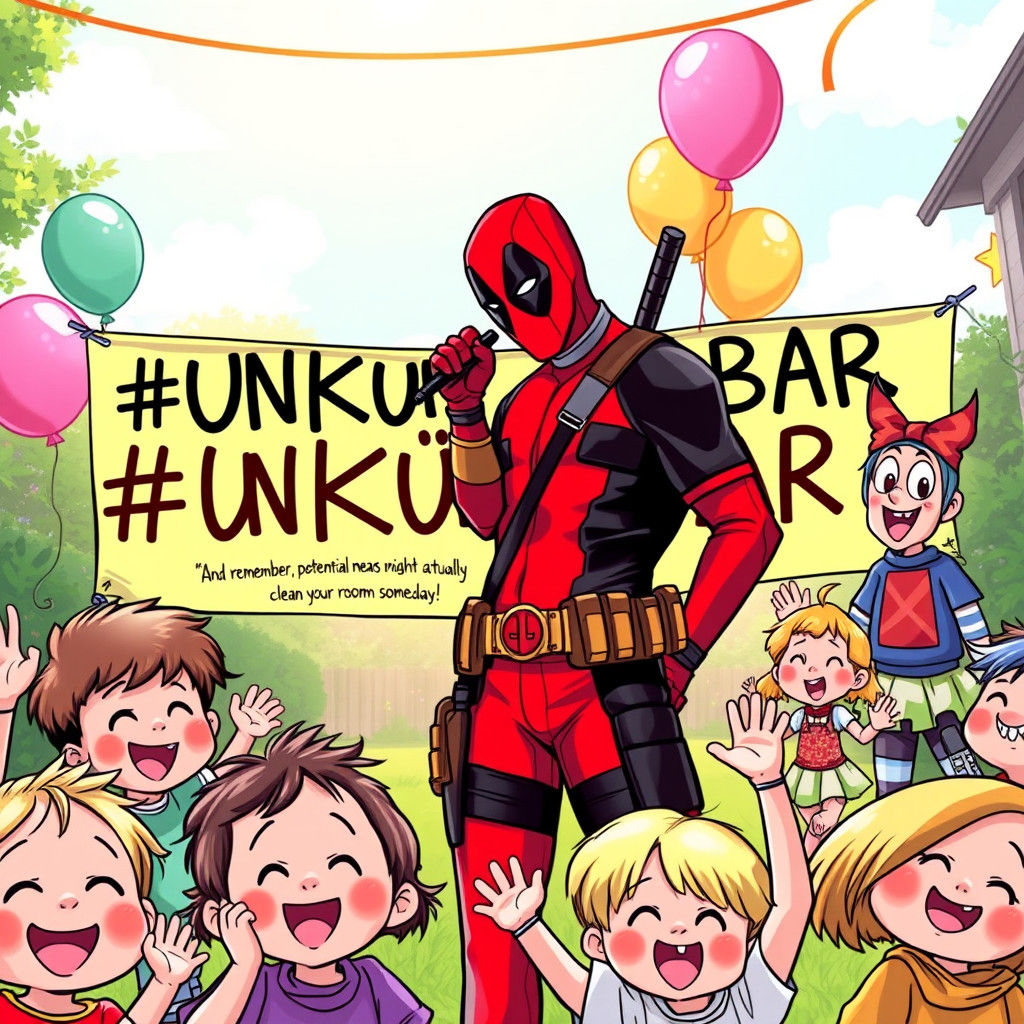 Deadpool and Sidekick at Party with Banner