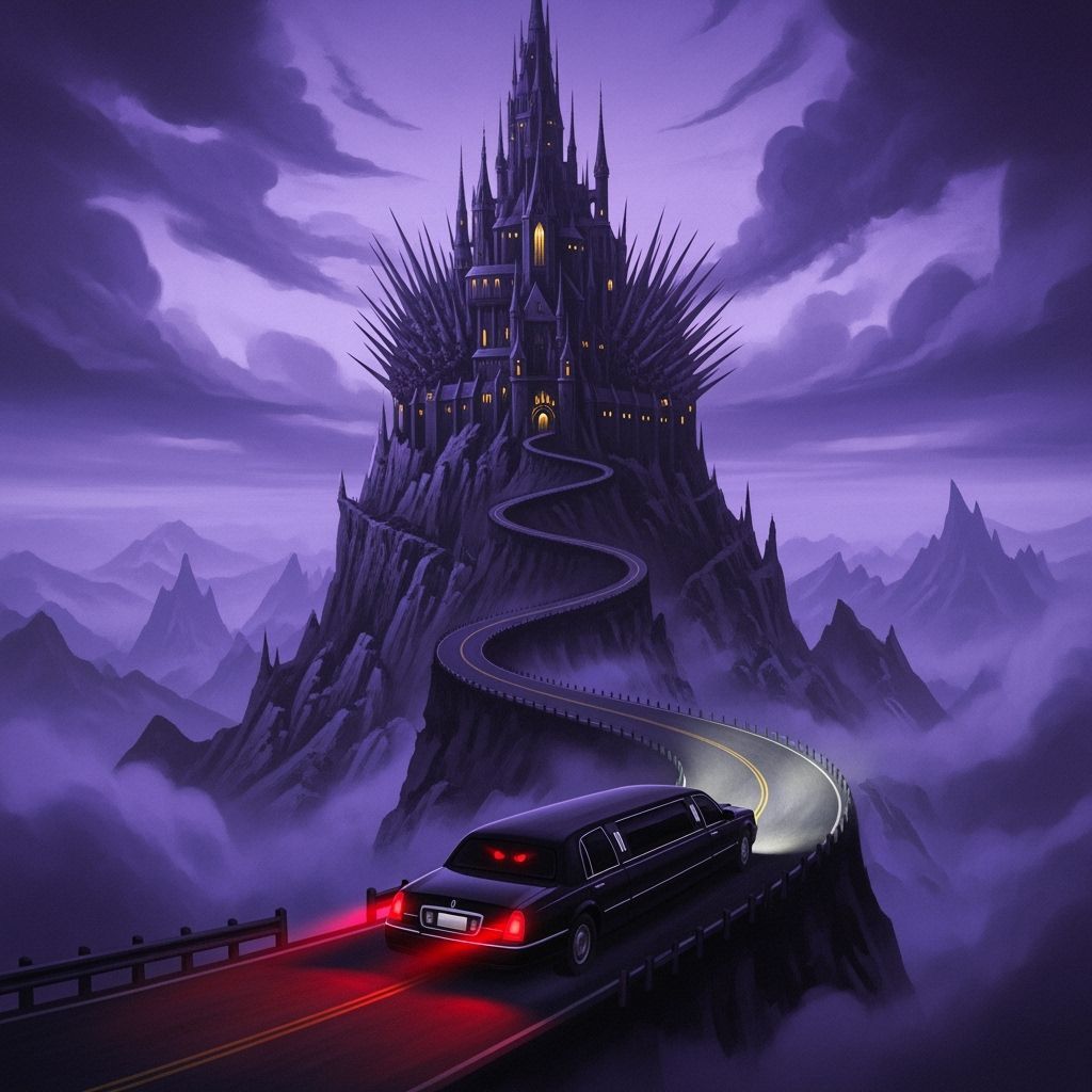 Gothic Castle Spire on Jagged Mountain in Purple Fog