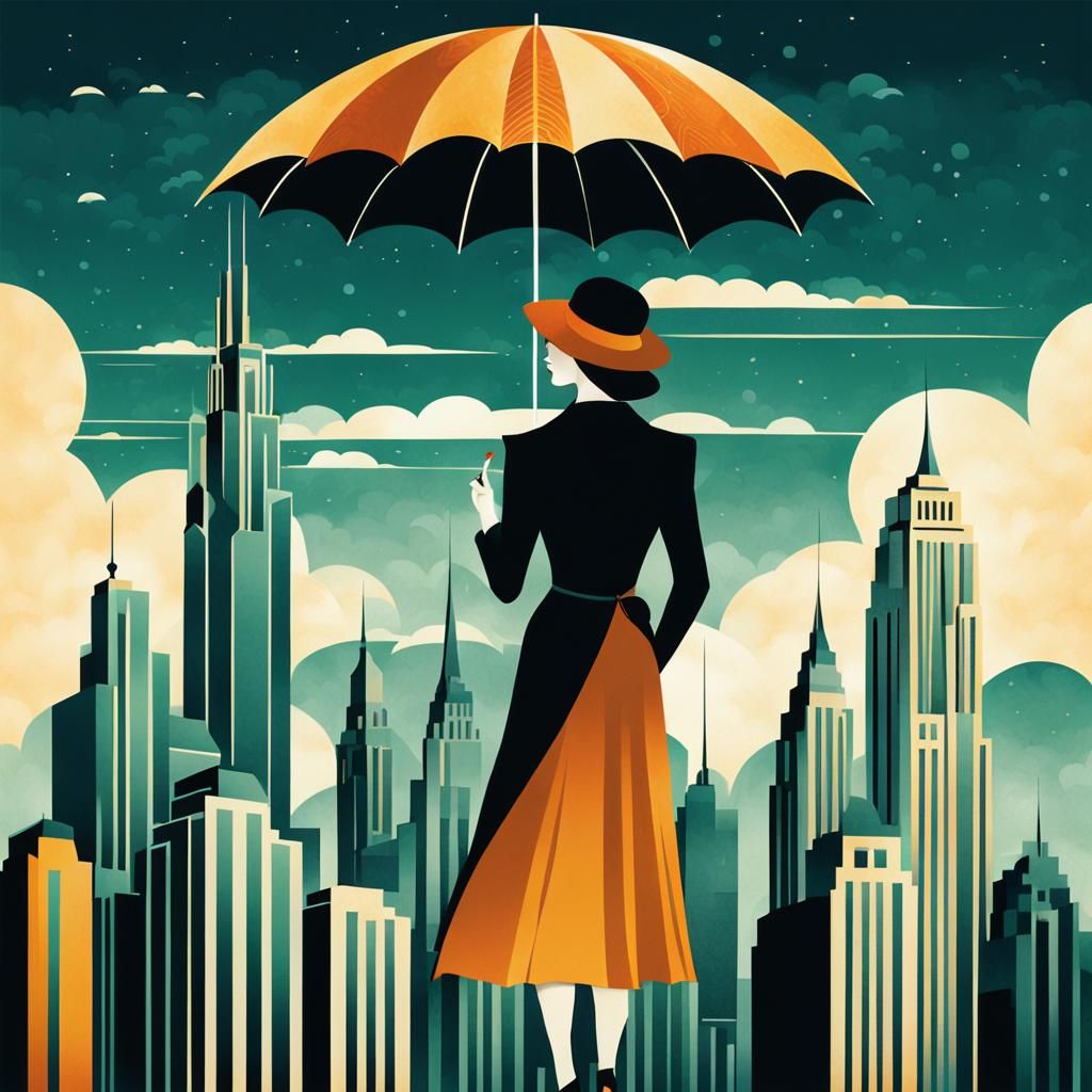 Art Deco Cityscape with Woman and Umbrella