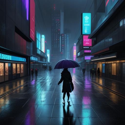 Neon-Lit Figure Walks Rainy Futuristic City Street