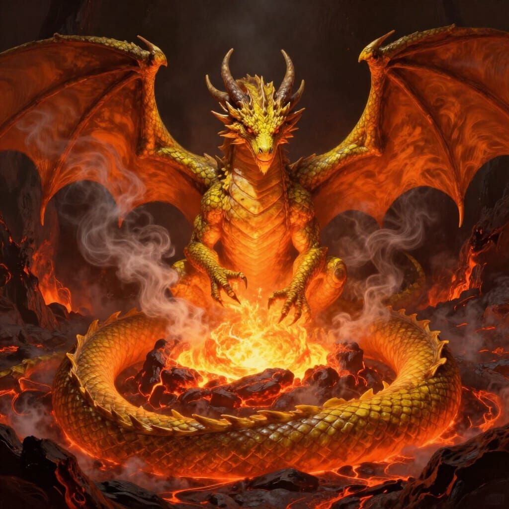 Majestic Sulfur Dragon Coiled Around Molten Core