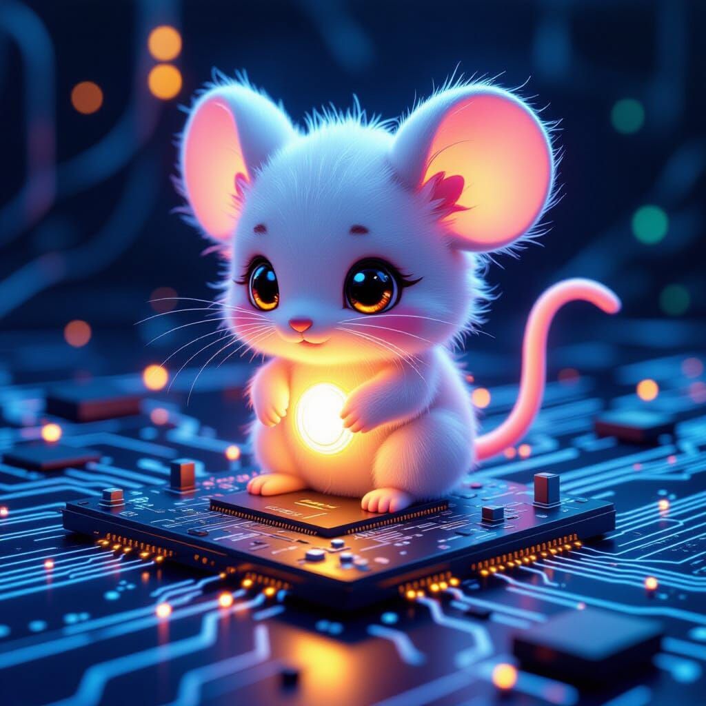 Chibi Circuit Mouse on Computer Board: Digital Art