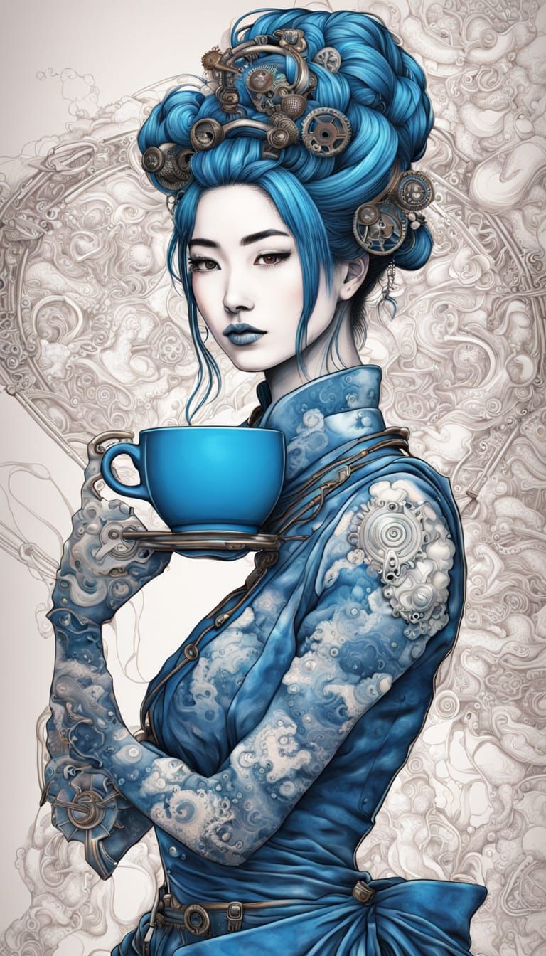 Steampunk Tie-Dye Geisha with Heart-Shaped Gears