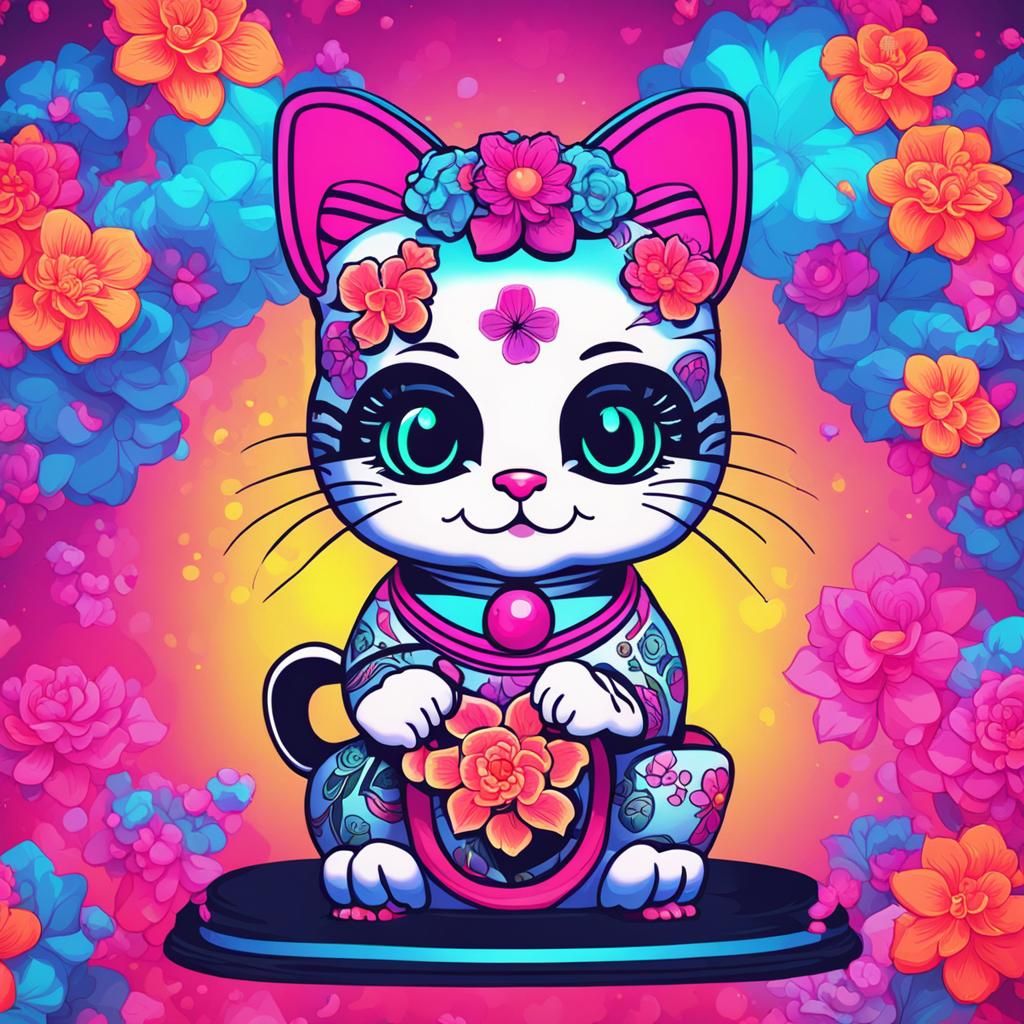 Maneki Neko Betty Boop in Synthwave Neon Style