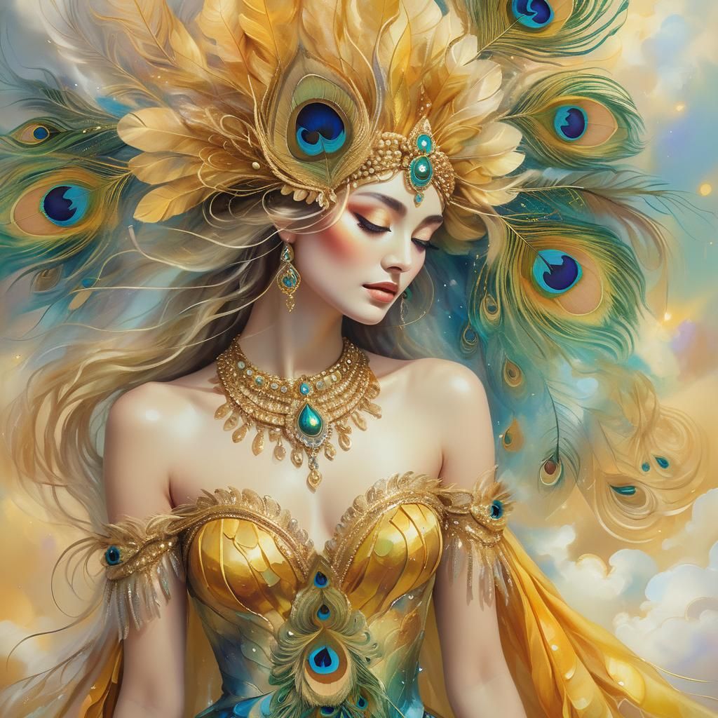 Golden Goddess with Peacock Feathers: Art Deco Digital Art