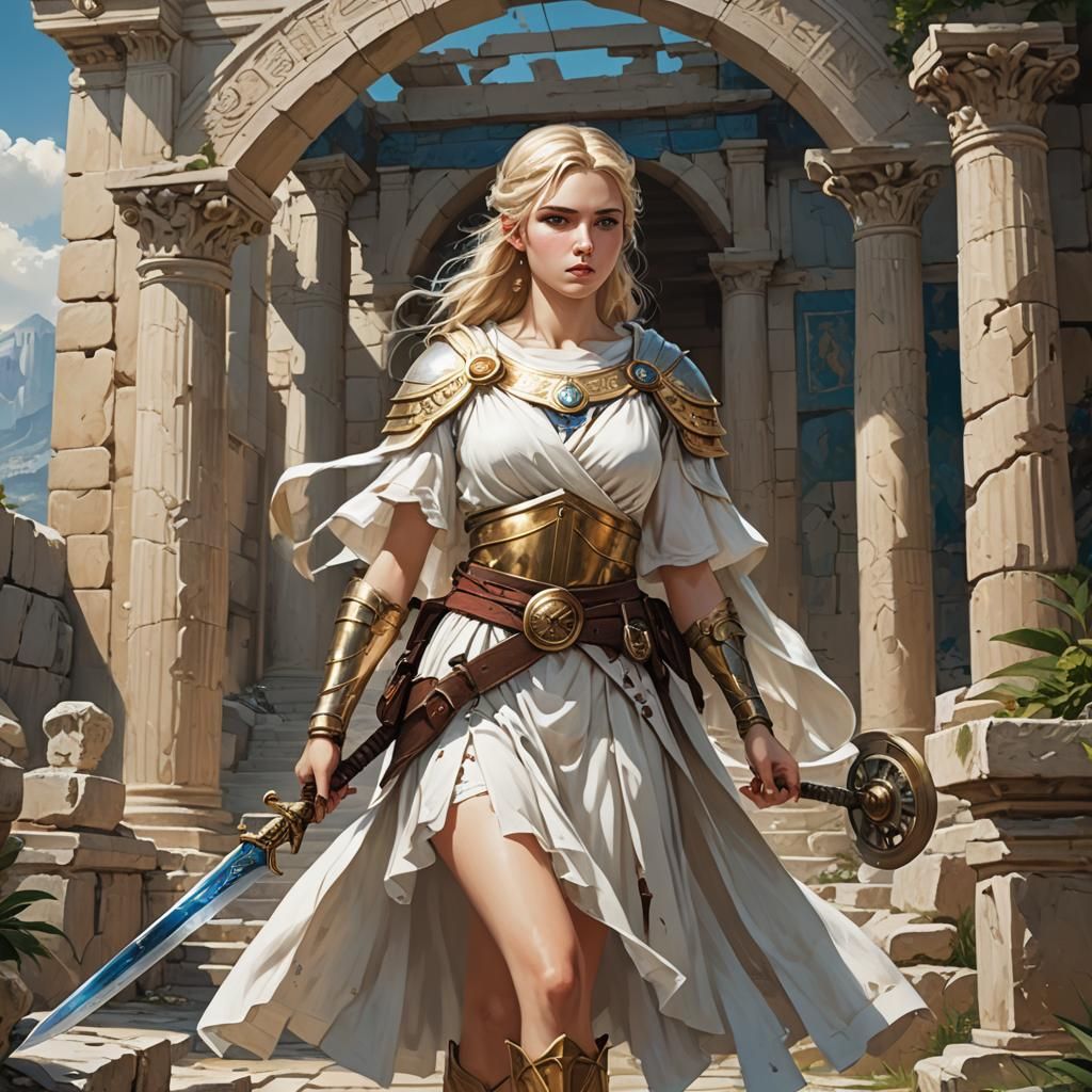 Anime-Style Greek Explorer with Sword and Shield