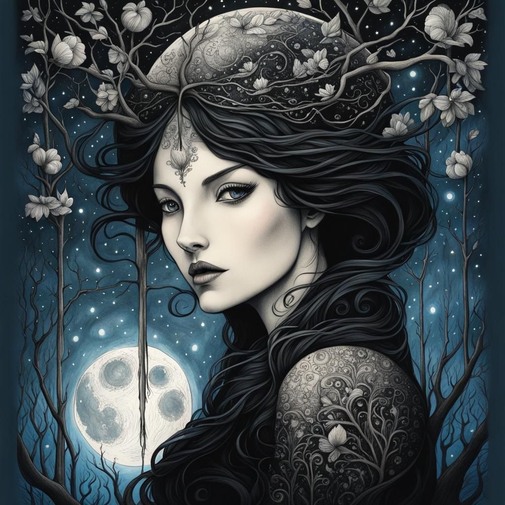 Detailed Ink Drawing of Moonlit Starry Sky