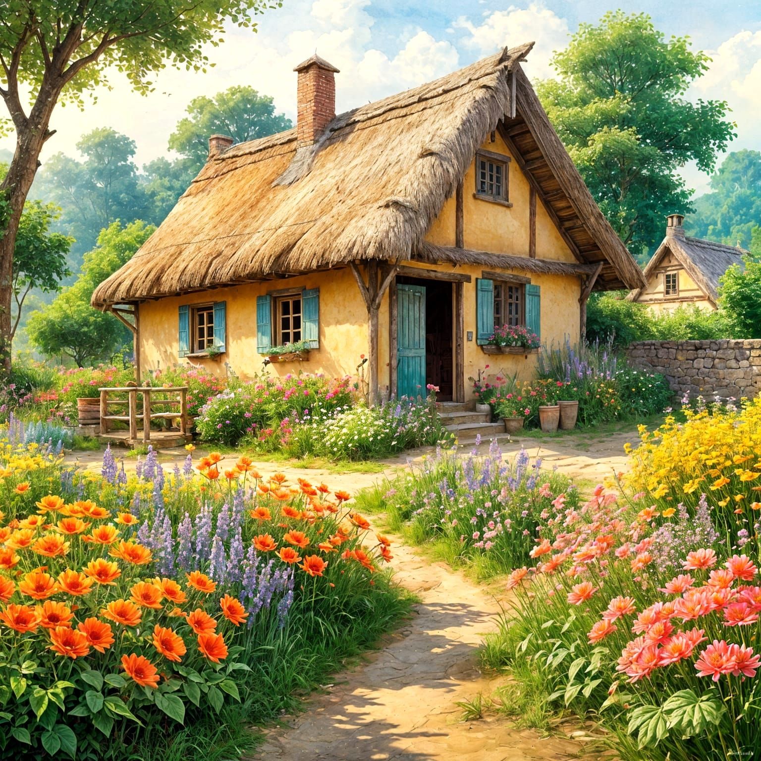 Floral Village Hut in Watercolor Style