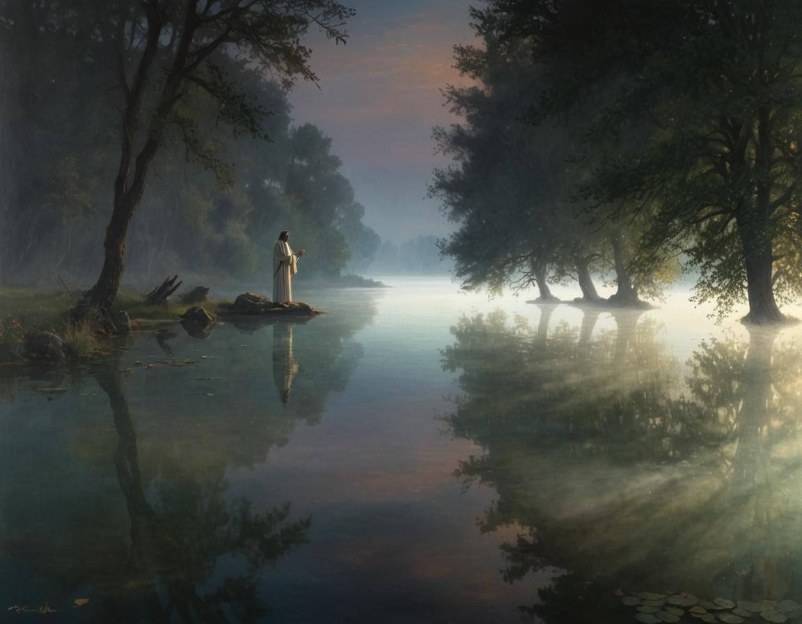 Jesus on Serene Lake in Surrealist Style