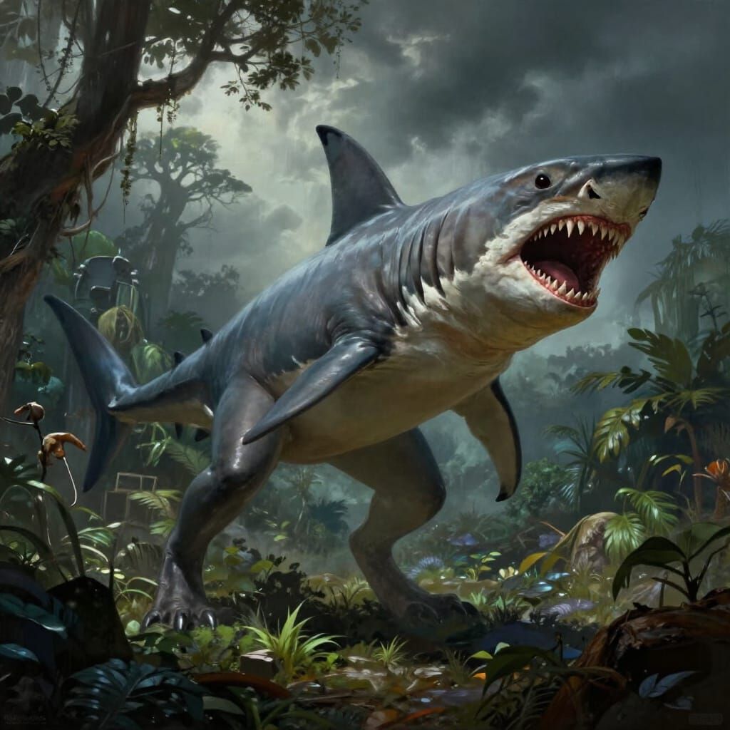 Fierce Shark-Rex Hybrid Roars in Prehistoric Jungle