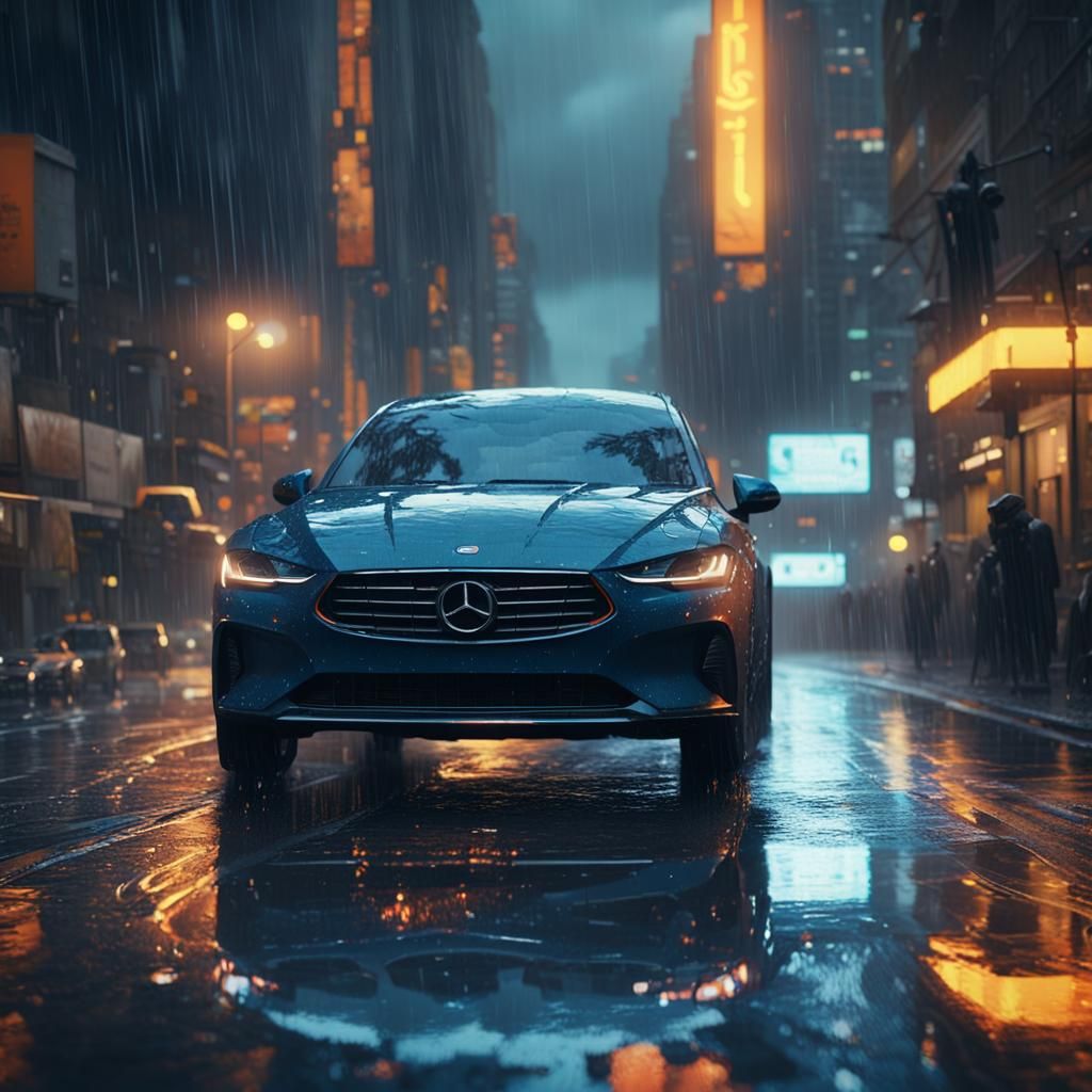 Car Speeding Through Rainy City Street