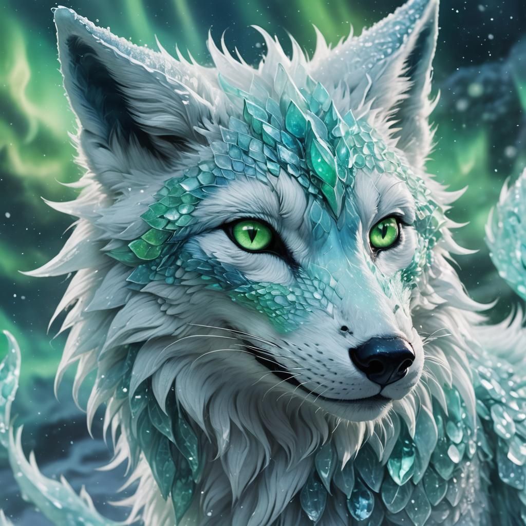 Icy Mythic Fox Dragon Portrait in Digital Painting Style
