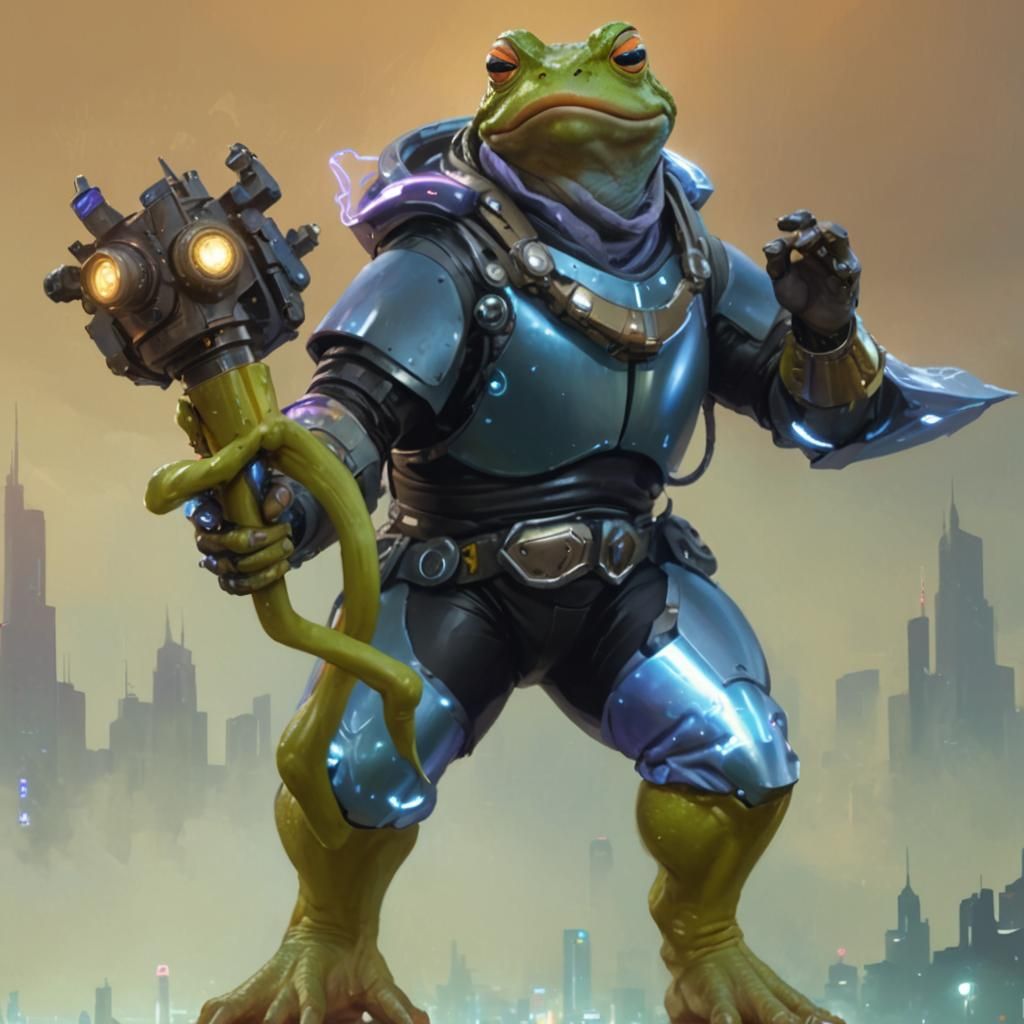 Evil Wizard Bullfrog Triumphant in Cyberpunk Cityscape
