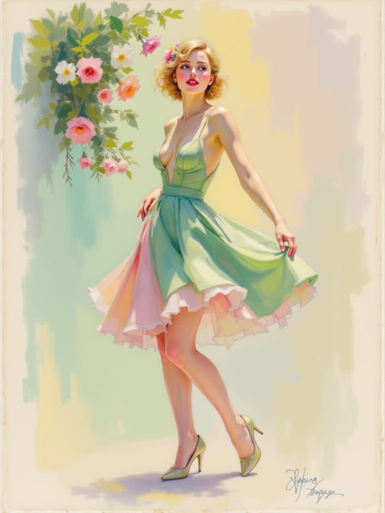 Vibrant Spring Pin-Up Beauty in Green and Pink