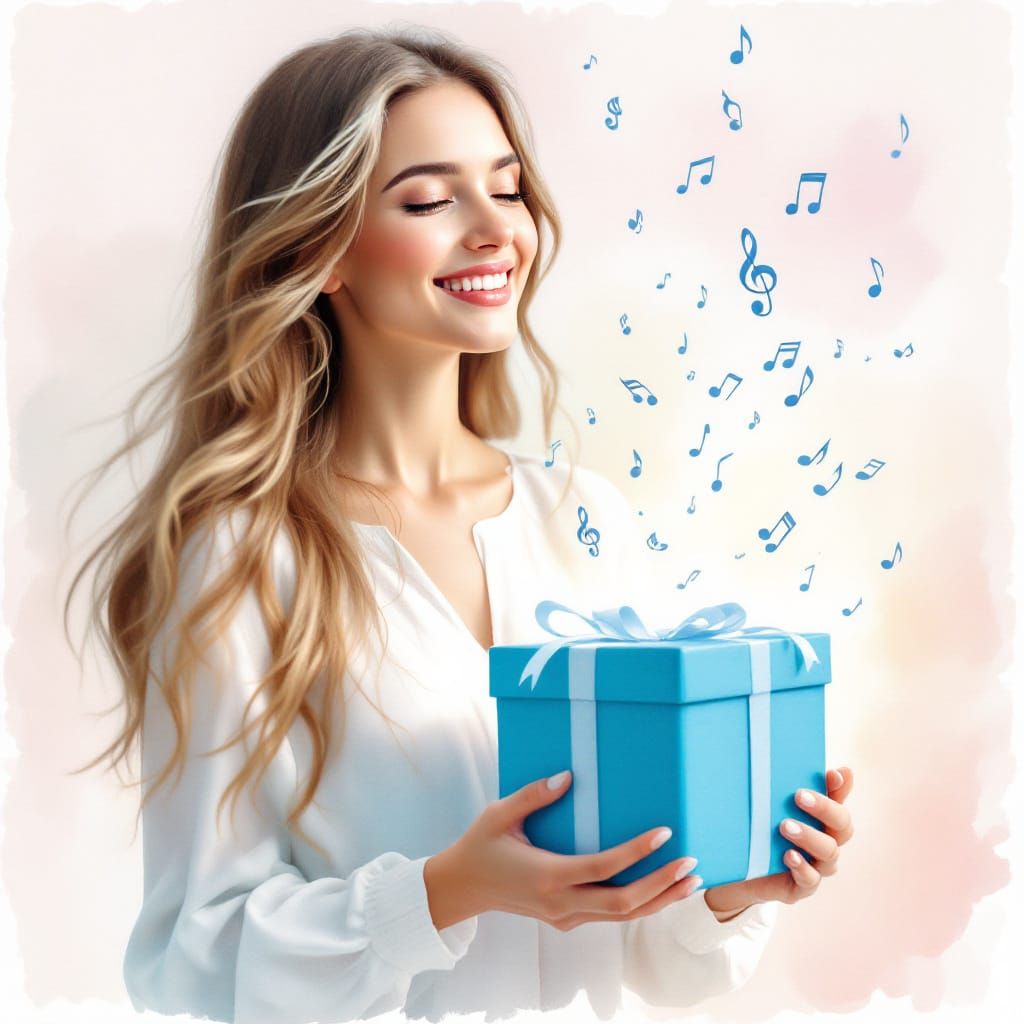 Slavic Woman Opens Gift Box Releasing Musical Notes