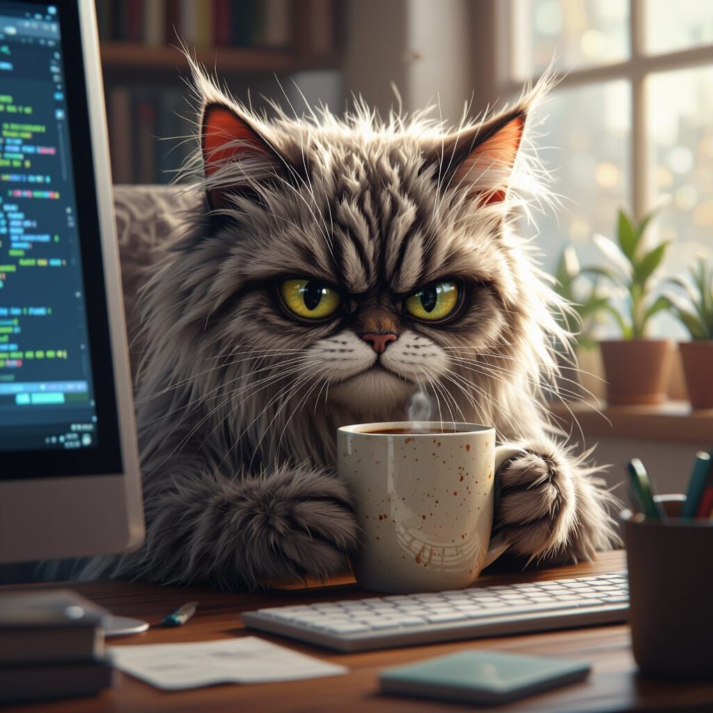 Tired Cat Programmer Working Late With Coffee
