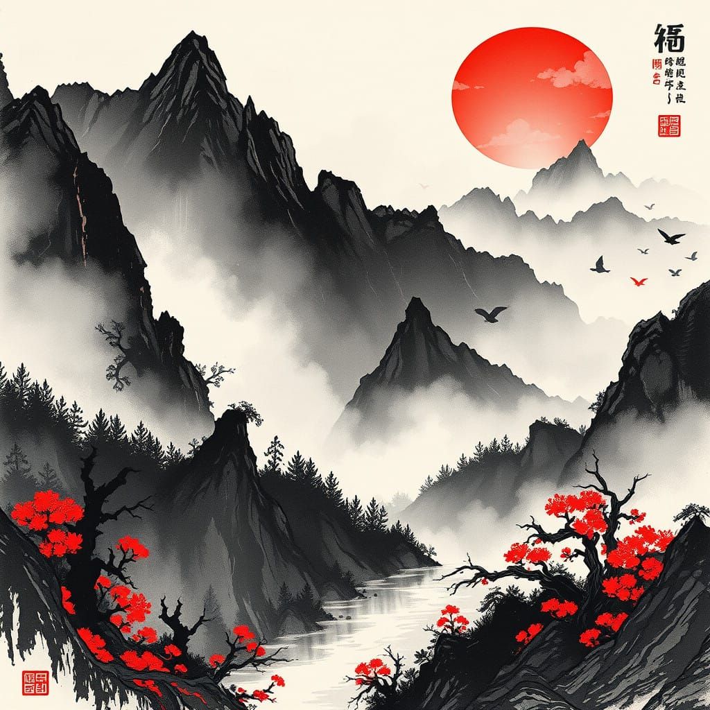 Traditional Chinese Ink Art in Whimsical Sketch Style