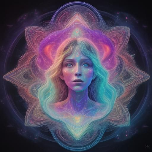 Mystical Holographic Astral Cosmic Illustration in Mixed Med...