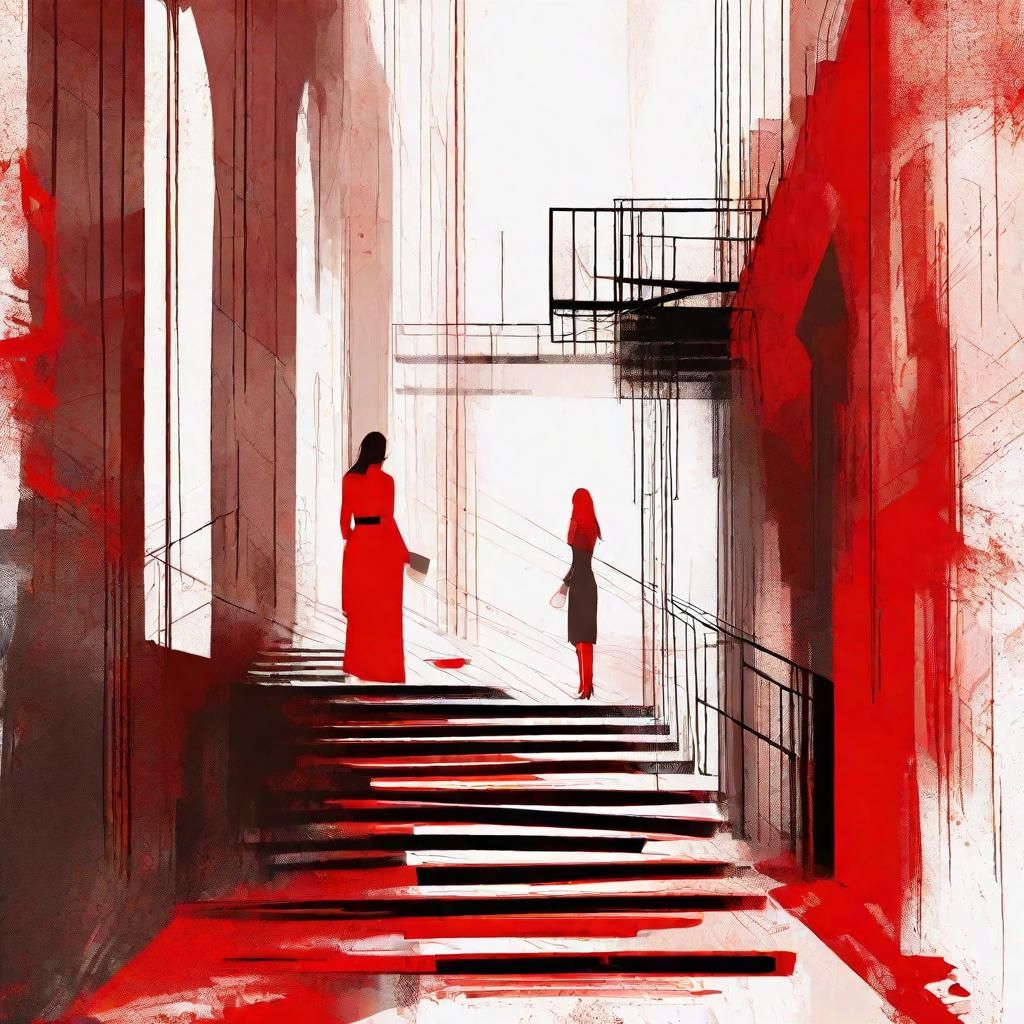 Constructivist Woman on Staircase in Brutalist Style