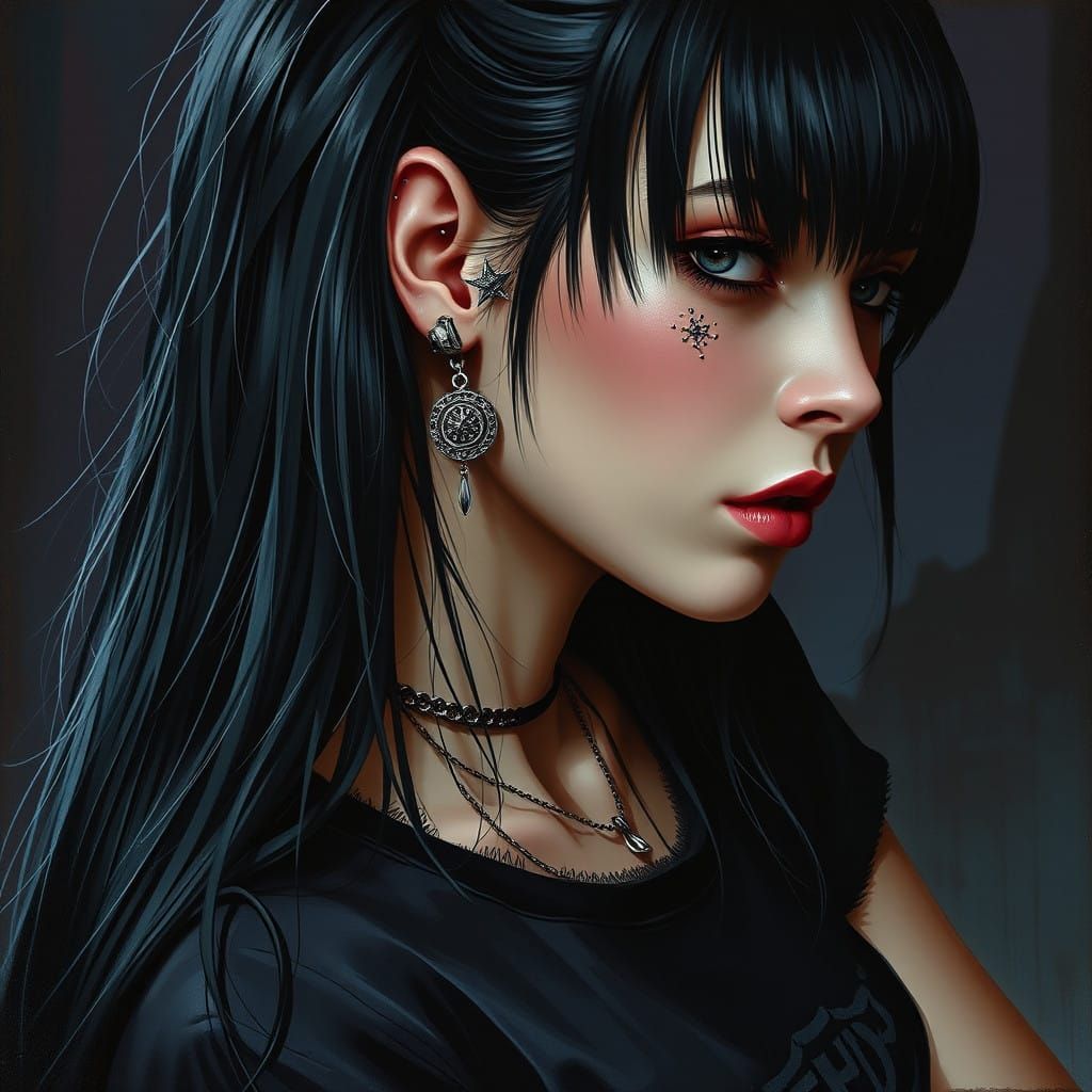 Ethereal Goth Goddess with Edgy Piercings and Dark Beauty