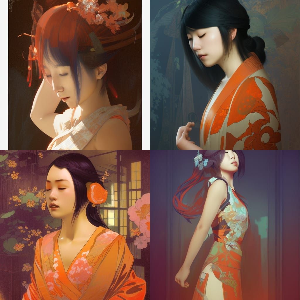 Intricate Japanese Girl in Mirror, Art Nouveau Style