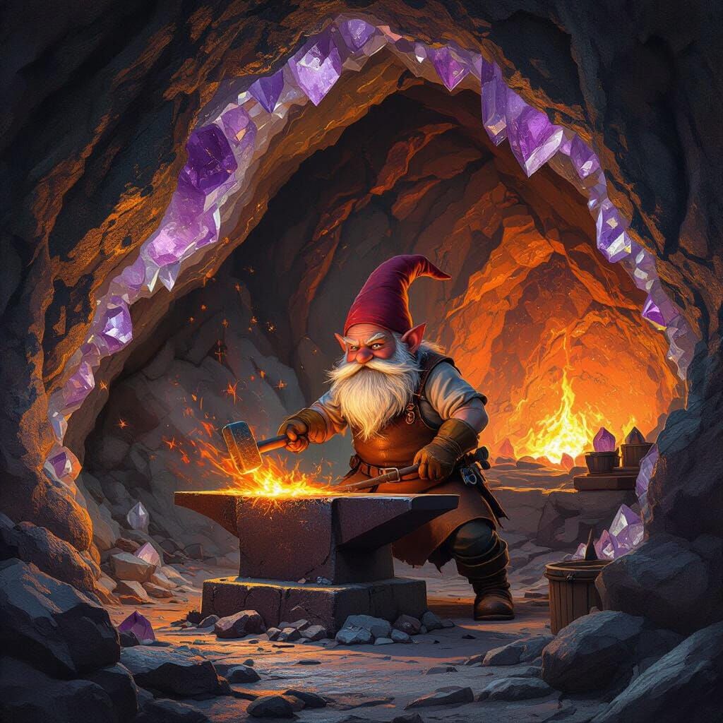 Gnomish Blacksmith in Geode Forge, Stalenhag Style