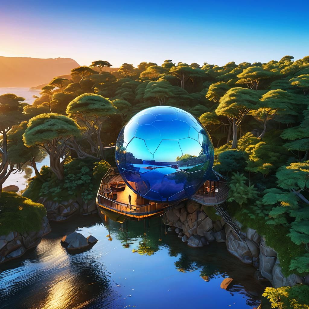Glass Treehouse Reflects Sunrise in Syd Mead Style