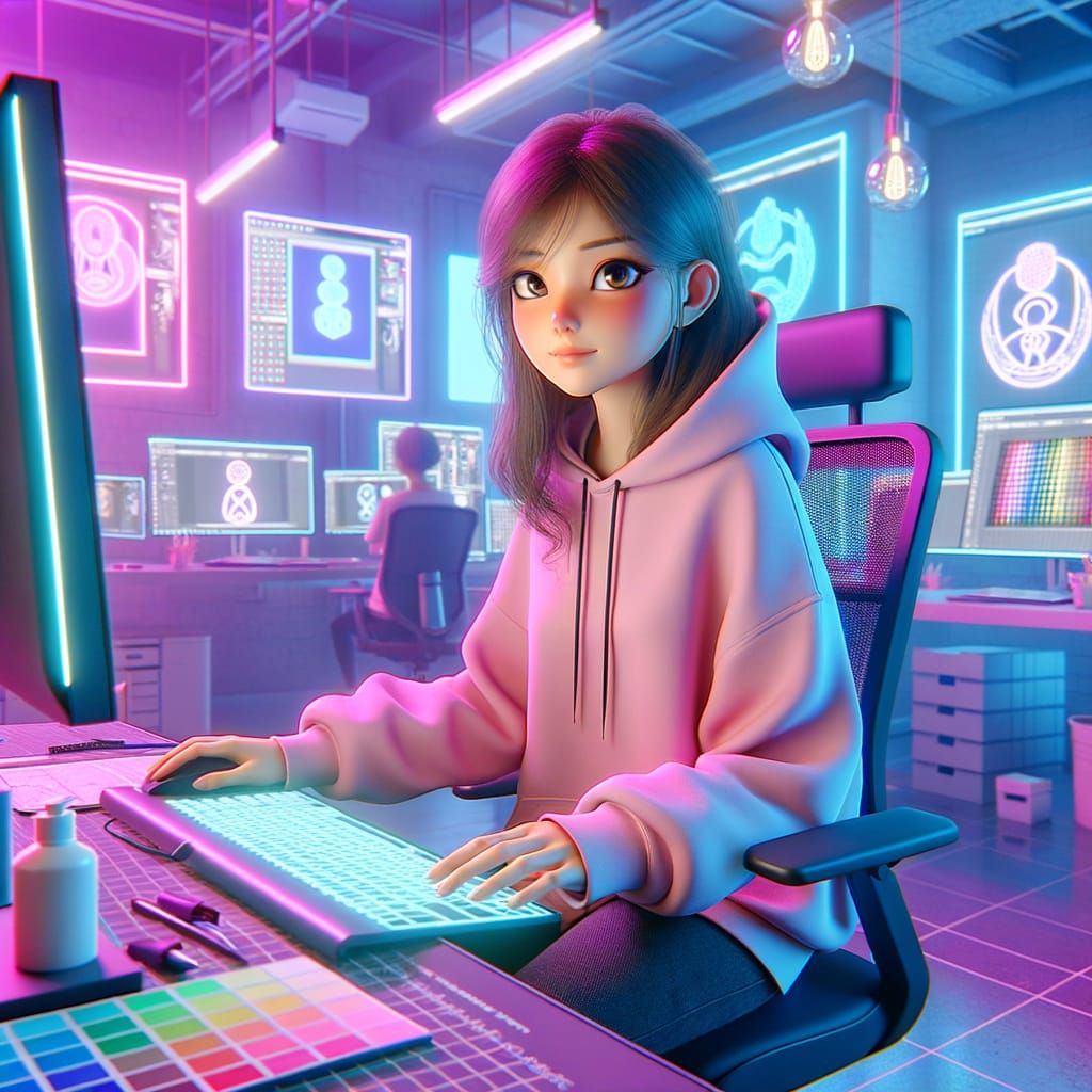 Young Woman Working Late in Futuristic Studio