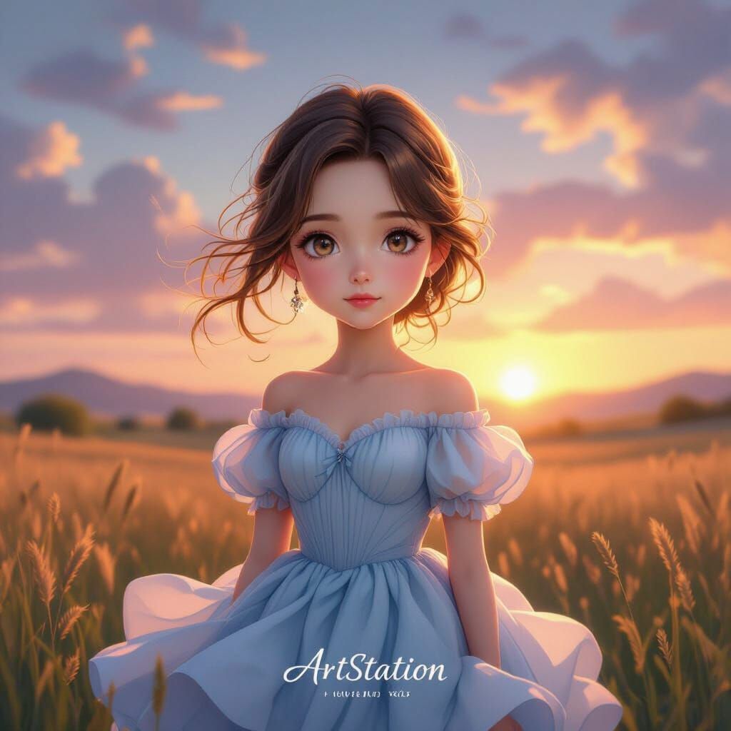 Anime Girl at Sunset with Flower Bouquet