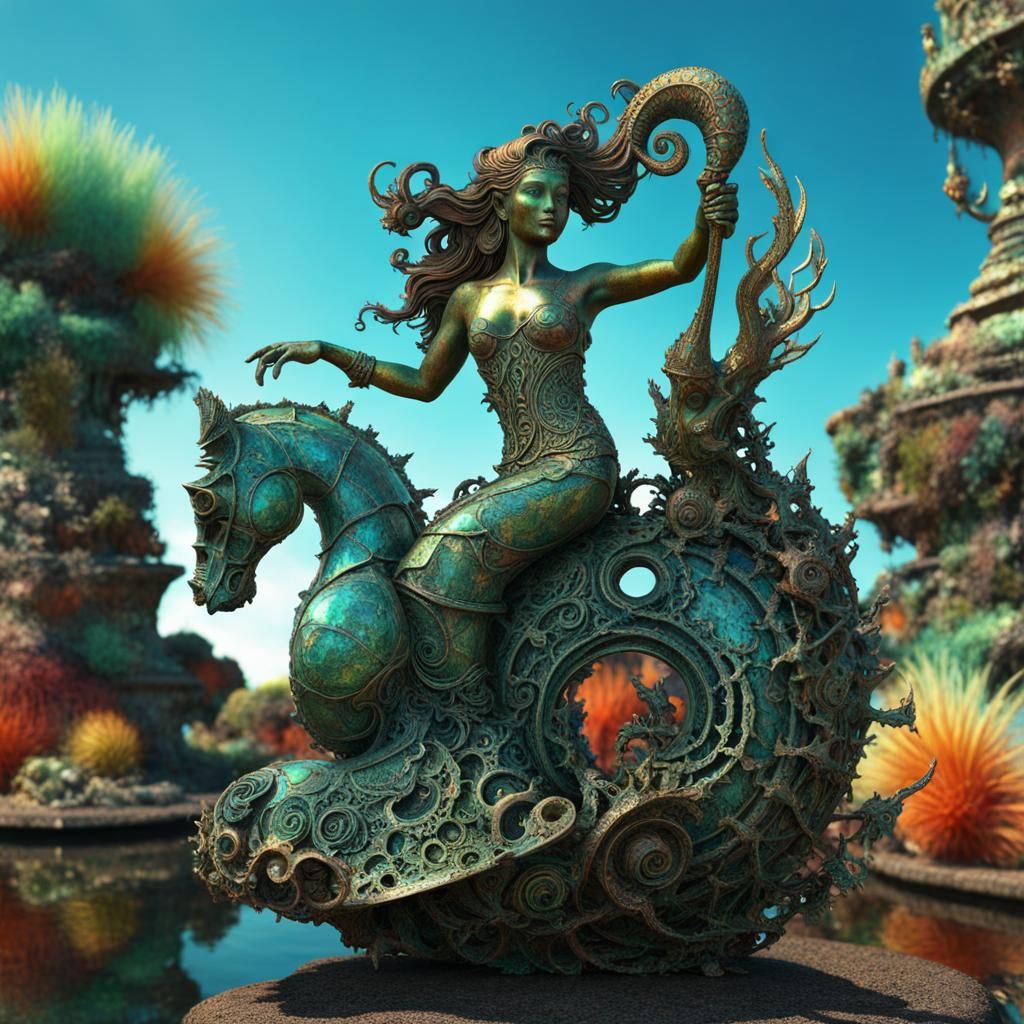 Steampunk Mermaid on Seahorse Statue in Huichol Art