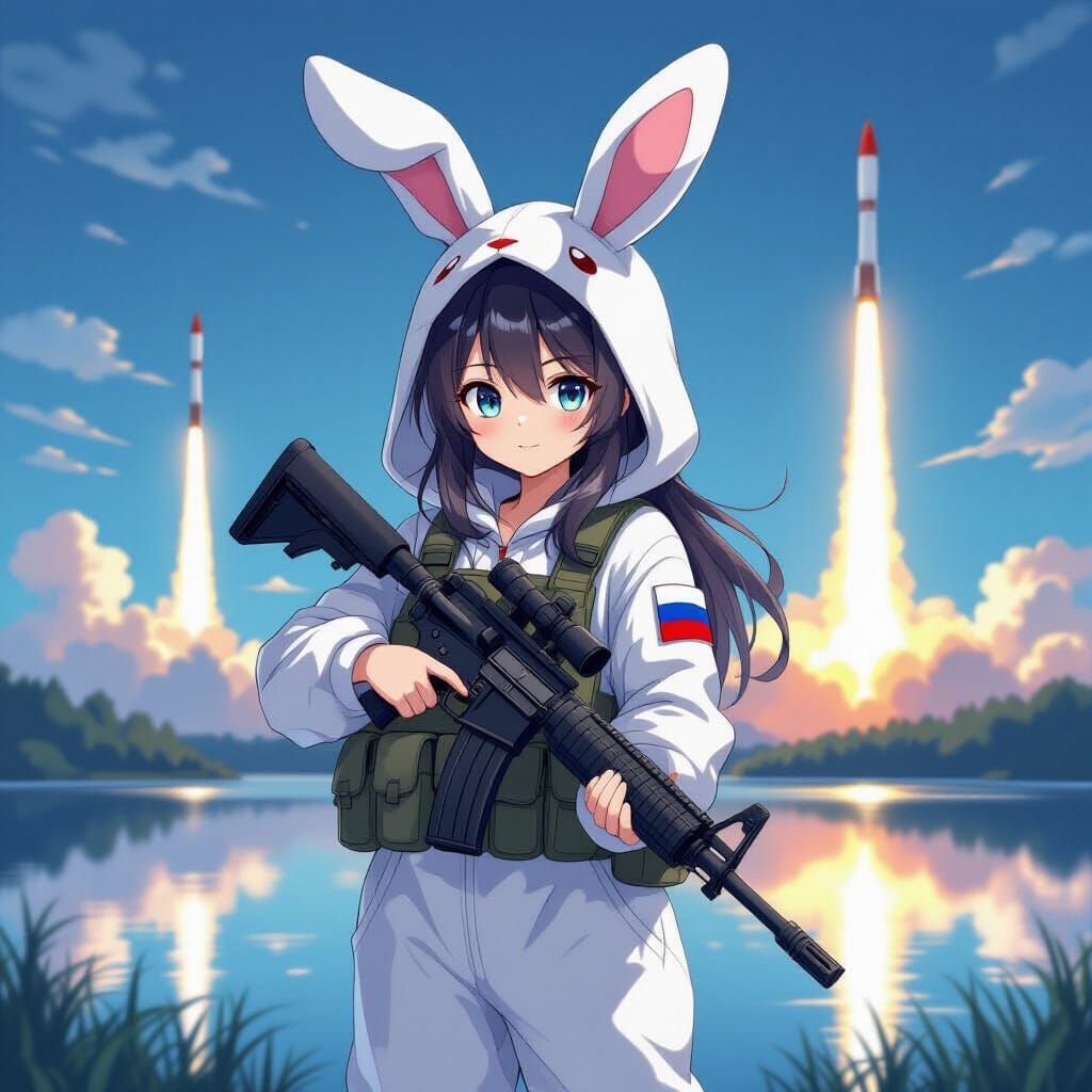 Anime Girl with Rifle Against Lake View