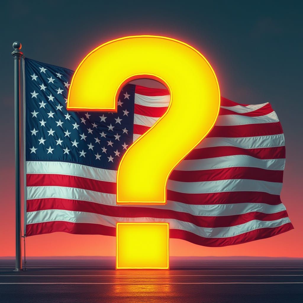 A waving American flag in the background with a huge questio...