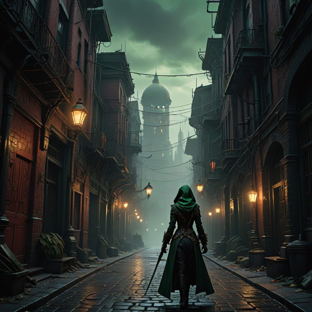 Steam Punk Assassin in Victorian-Era Alleyway