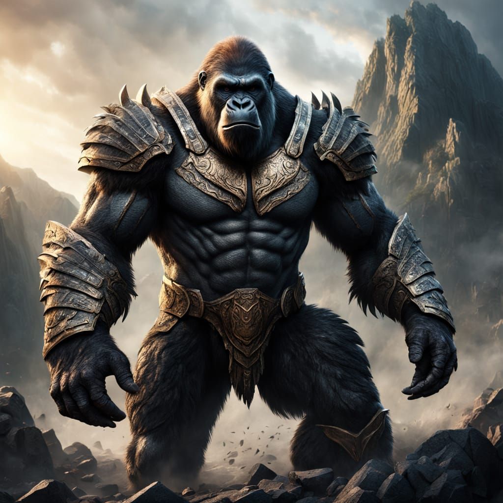 Epic Gorilla Centurion Charges Forward in Golden Hour Glory