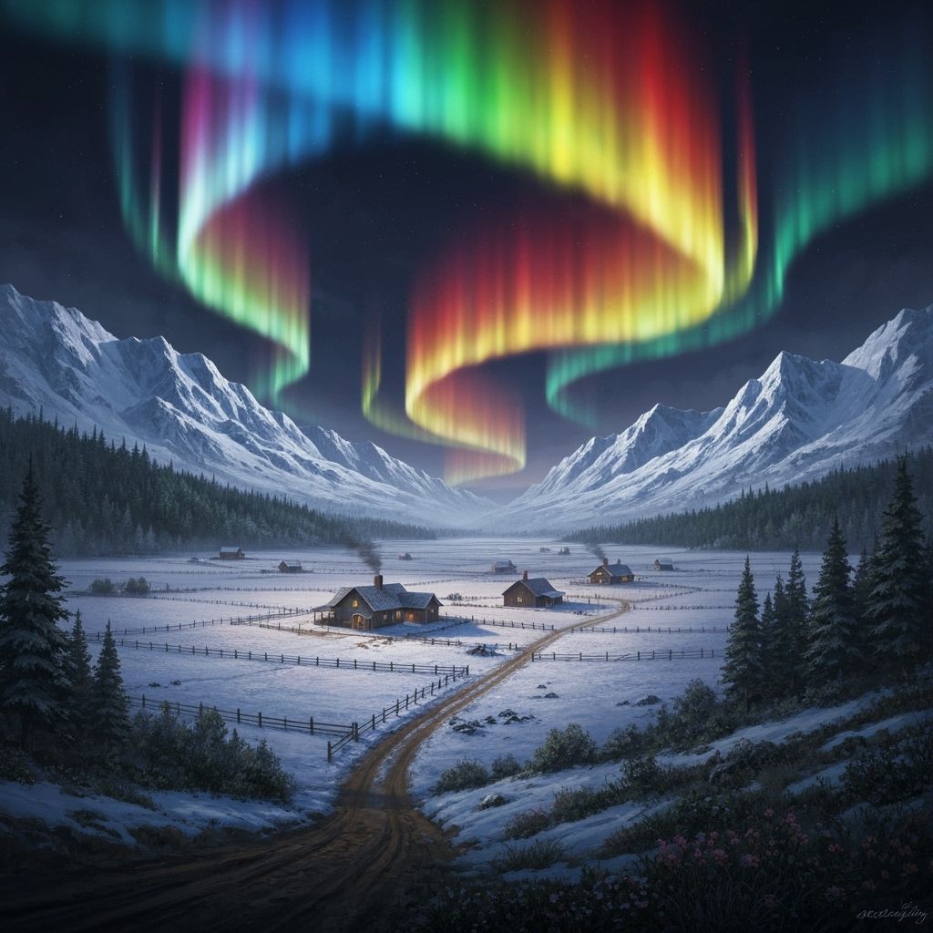 Snowy Valley Ranch Under Aurora Borealis