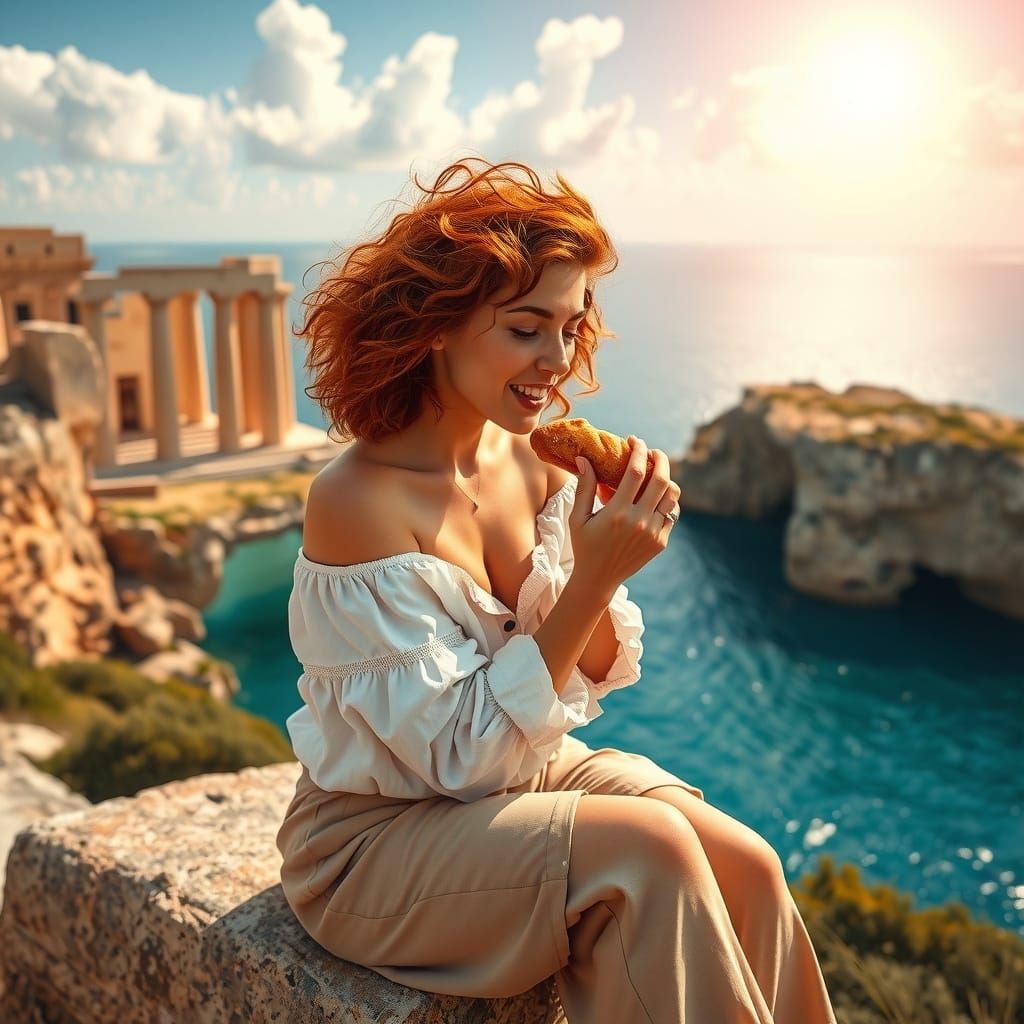 Ginger-Haired Woman Poses on Ancient Temple Steps, Surrounde...