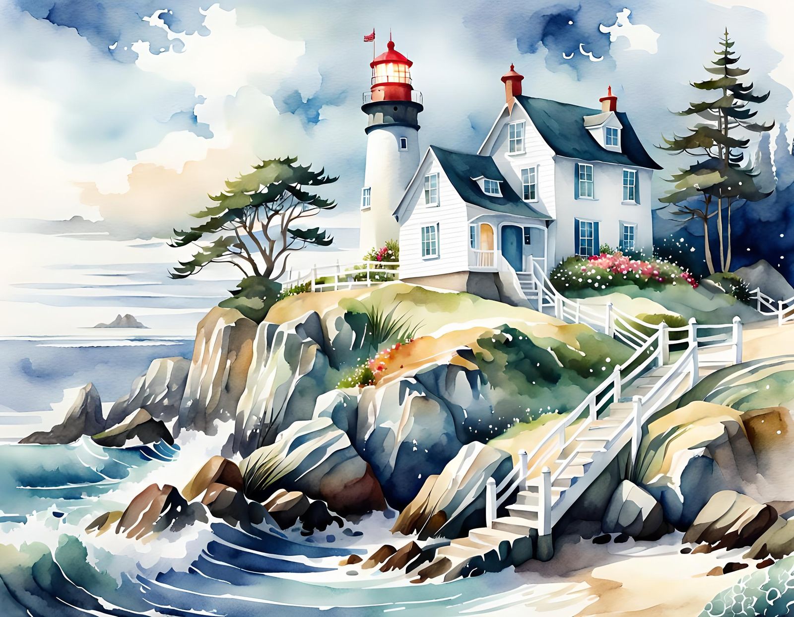 Charming Cottage by the Ocean: Watercolor Illustration