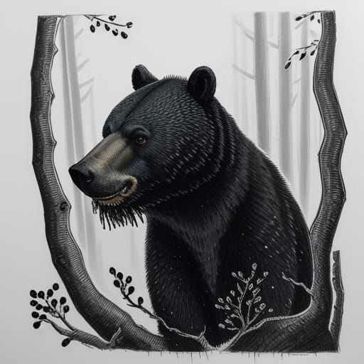 Crosshatching ink drawing, shaggy black bear eating berries ...