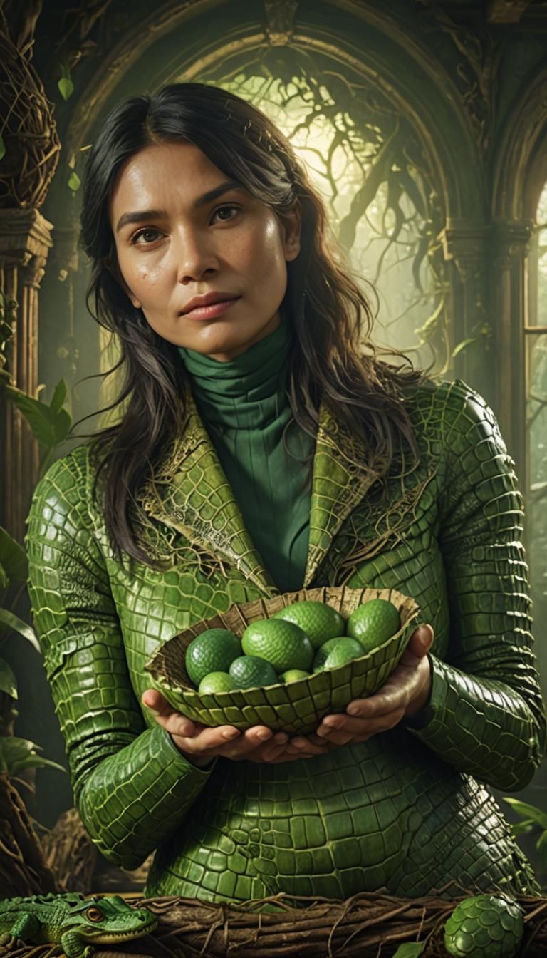 Crocodile Woman Protects Nest in Ornate Room