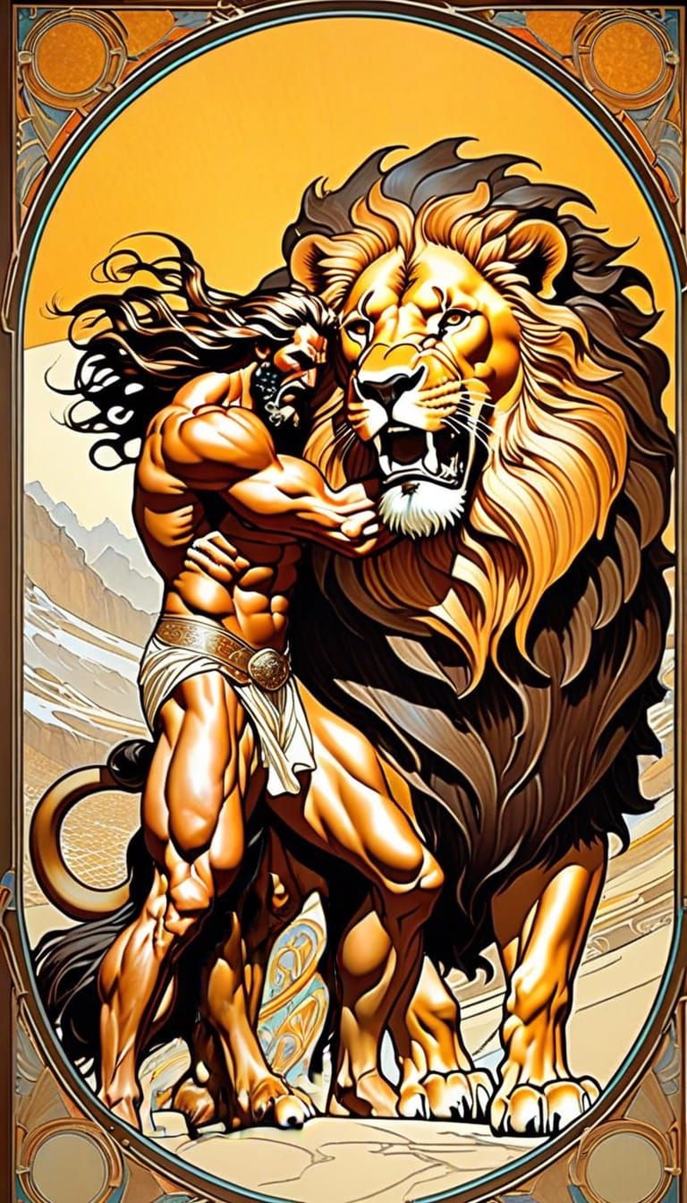 Samson's Strength: Art Nouveau Lion Encounter