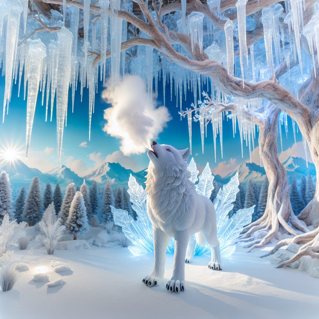 White Wolf Breathes Vapor in Snowy Landscape